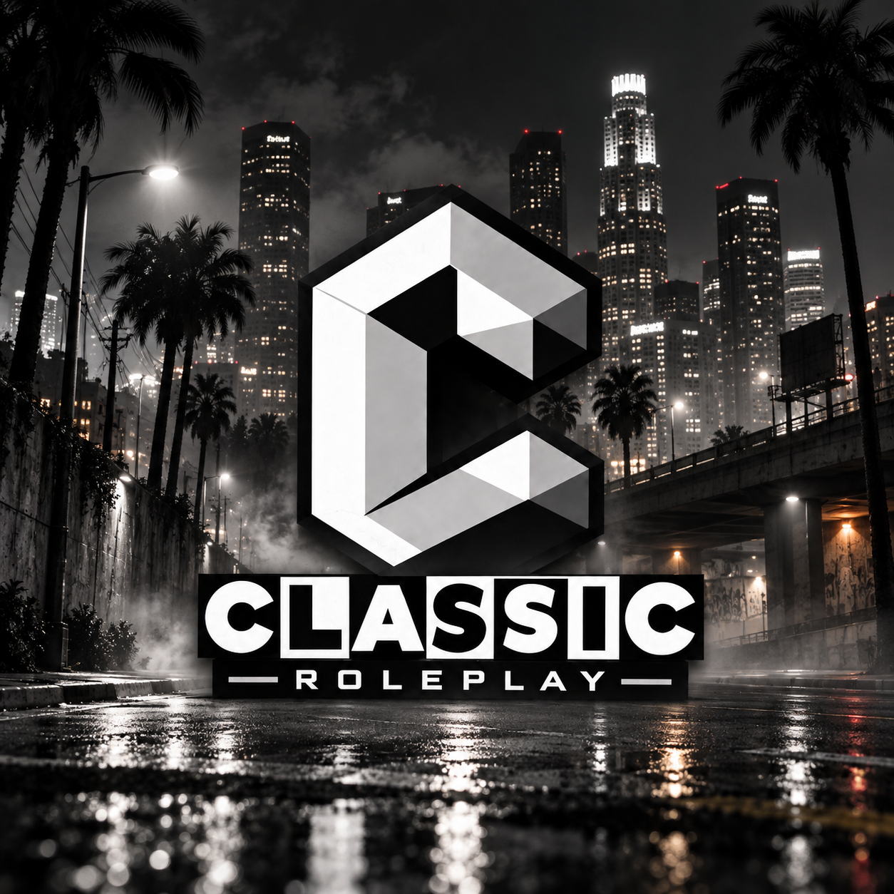 Identidade Classic Roleplay sobre uma cidade à noite com palmeiras e arranha-céus